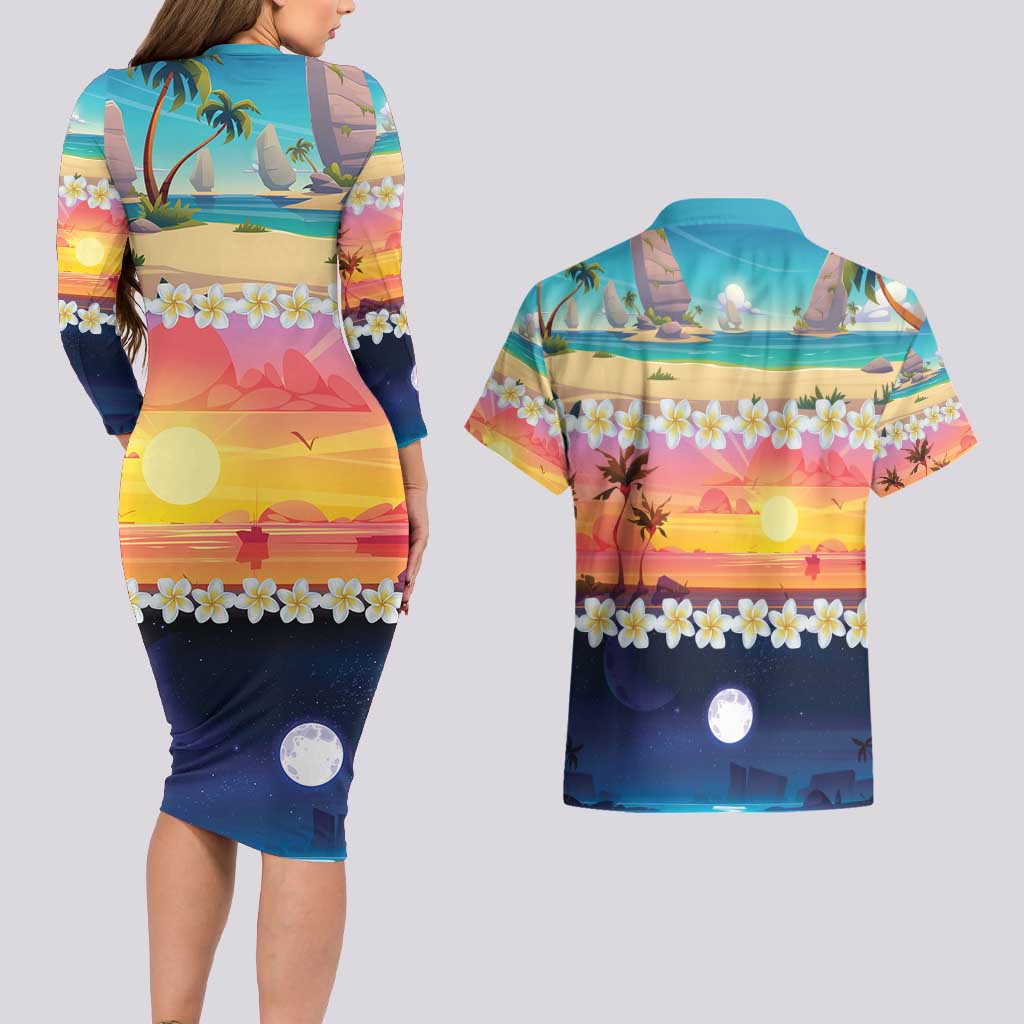 Hawaii Beach Landscape Time-Lapse Couples Matching Long Sleeve Bodycon Dress and Hawaiian Shirt Tropical Plumeria Flowers LT01 - Polynesian Pride