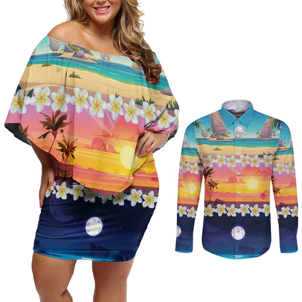 Hawaii Beach Landscape Time-Lapse Couples Matching Off Shoulder Short Dress and Long Sleeve Button Shirt Tropical Plumeria Flowers - Polynesian Pride