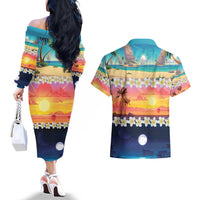 Hawaii Beach Landscape Time-Lapse Couples Matching Off The Shoulder Long Sleeve Dress and Hawaiian Shirt Tropical Plumeria Flowers LT01 - Polynesian Pride