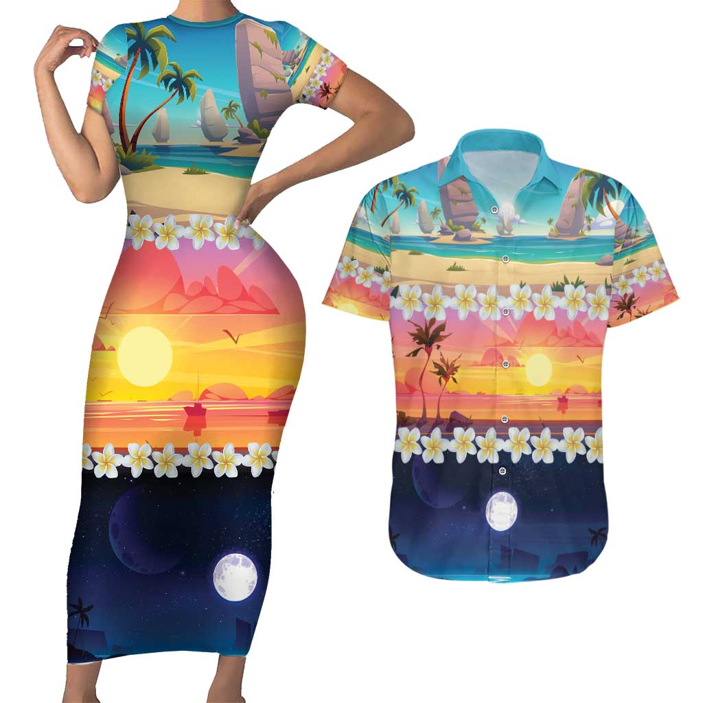 Hawaii Beach Landscape Time-Lapse Couples Matching Short Sleeve Bodycon Dress and Hawaiian Shirt Tropical Plumeria Flowers LT01 Multicolor - Polynesian Pride