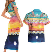 Hawaii Beach Landscape Time-Lapse Couples Matching Short Sleeve Bodycon Dress and Hawaiian Shirt Tropical Plumeria Flowers LT01 - Polynesian Pride