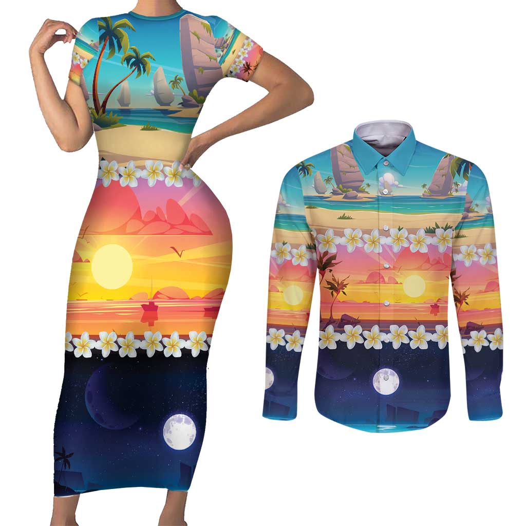 Hawaii Beach Landscape Time-Lapse Couples Matching Short Sleeve Bodycon Dress and Long Sleeve Button Shirt Tropical Plumeria Flowers - Polynesian Pride
