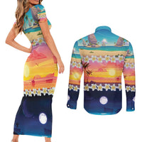 Hawaii Beach Landscape Time-Lapse Couples Matching Short Sleeve Bodycon Dress and Long Sleeve Button Shirt Tropical Plumeria Flowers - Polynesian Pride
