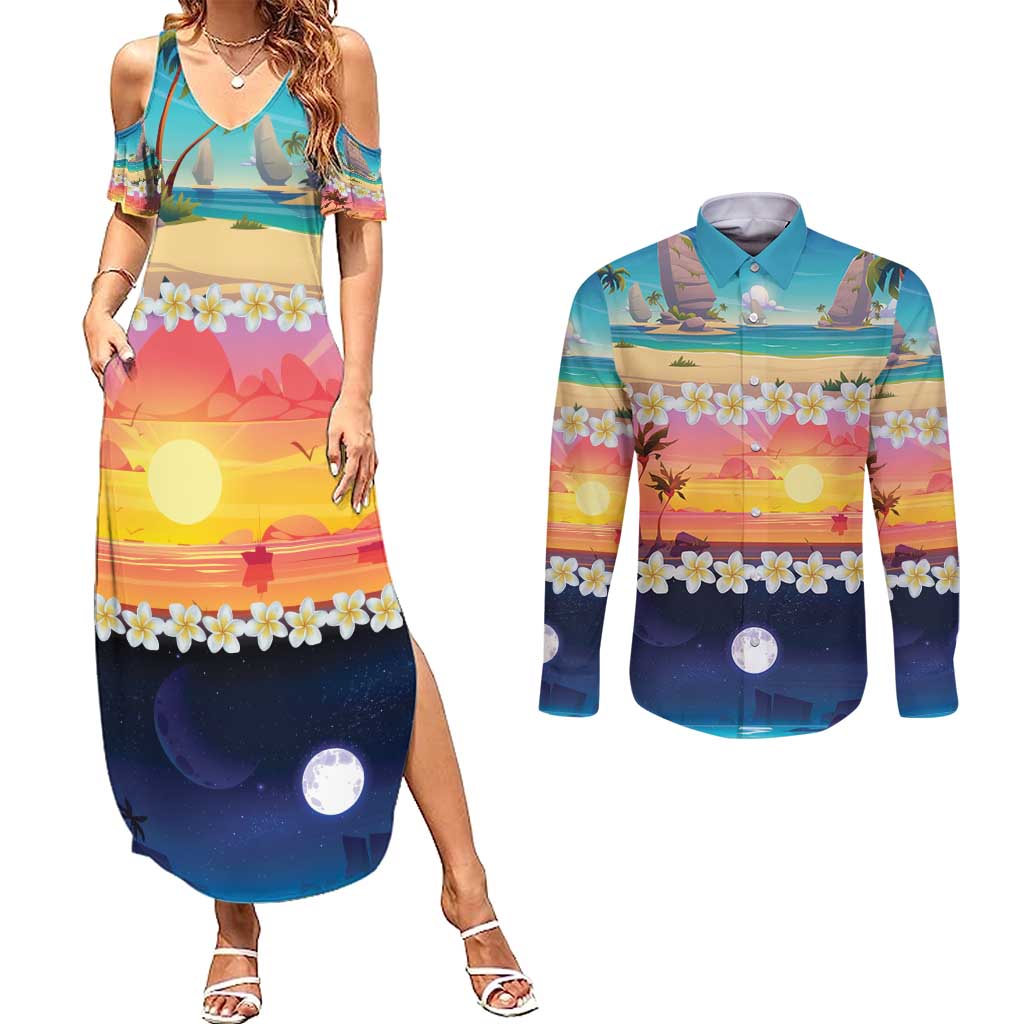 Hawaii Beach Landscape Time-Lapse Couples Matching Summer Maxi Dress and Long Sleeve Button Shirt Tropical Plumeria Flowers - Polynesian Pride