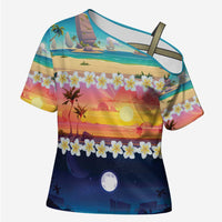 Hawaii Beach Landscape Time-Lapse Cross Shoulder Shirt Tropical Plumeria Flowers - Polynesian Pride