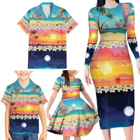 Hawaii Beach Landscape Time-Lapse Family Matching Long Sleeve Bodycon Dress and Hawaiian Shirt Tropical Plumeria Flowers LT01 - Polynesian Pride
