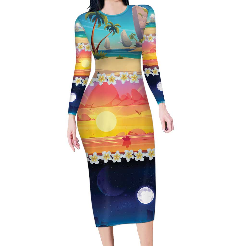 Hawaii Beach Landscape Time-Lapse Family Matching Long Sleeve Bodycon Dress and Hawaiian Shirt Tropical Plumeria Flowers LT01 Mom's Dress Multicolor - Polynesian Pride