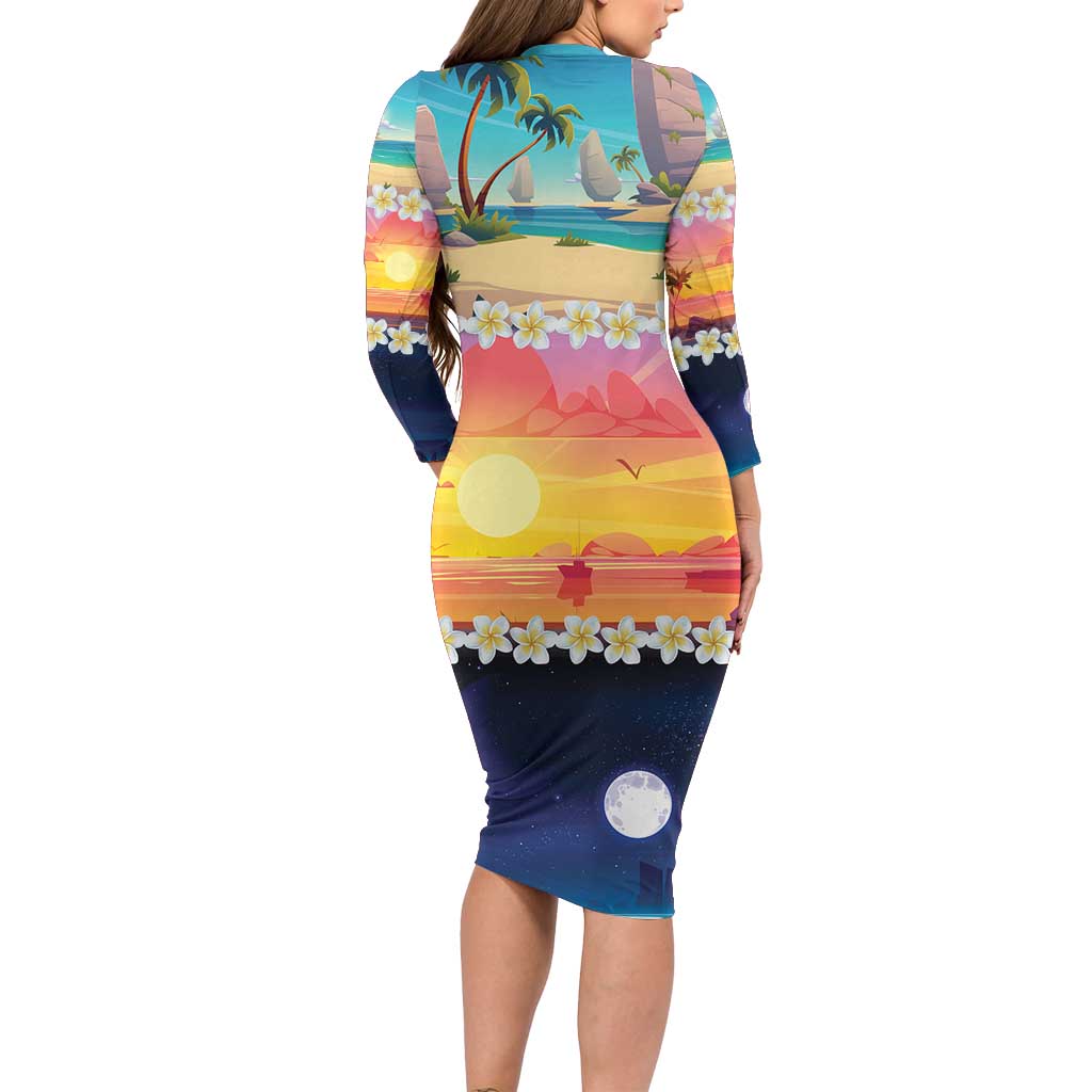 Hawaii Beach Landscape Time-Lapse Family Matching Long Sleeve Bodycon Dress and Hawaiian Shirt Tropical Plumeria Flowers LT01 - Polynesian Pride
