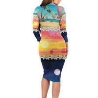 Hawaii Beach Landscape Time-Lapse Family Matching Long Sleeve Bodycon Dress and Hawaiian Shirt Tropical Plumeria Flowers LT01 - Polynesian Pride