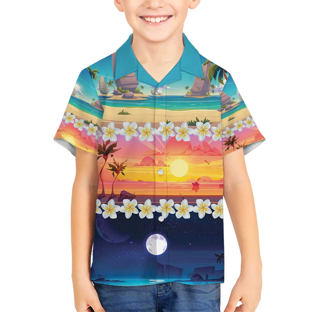 Hawaii Beach Landscape Time-Lapse Family Matching Long Sleeve Bodycon Dress and Hawaiian Shirt Tropical Plumeria Flowers LT01 Son's Shirt Multicolor - Polynesian Pride