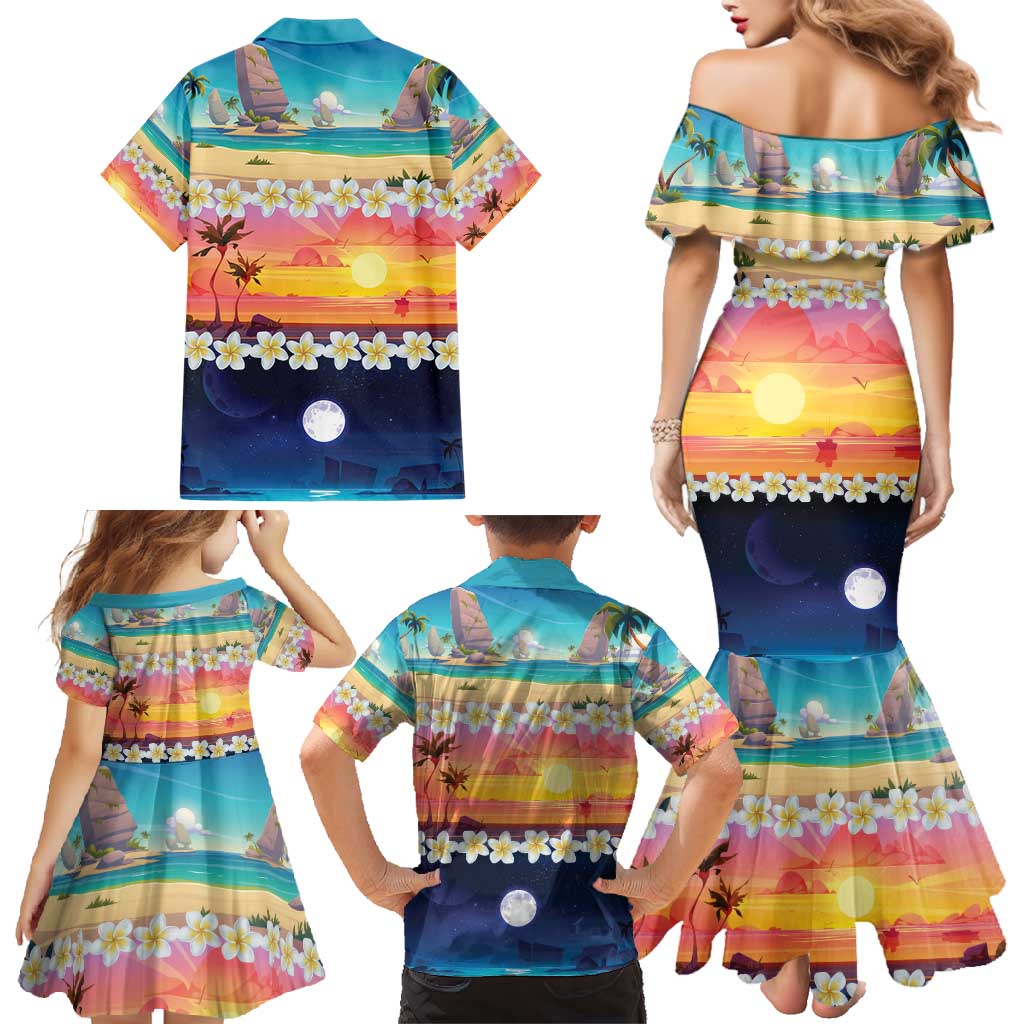 Hawaii Beach Landscape Time-Lapse Family Matching Mermaid Dress and Hawaiian Shirt Tropical Plumeria Flowers LT01 - Polynesian Pride