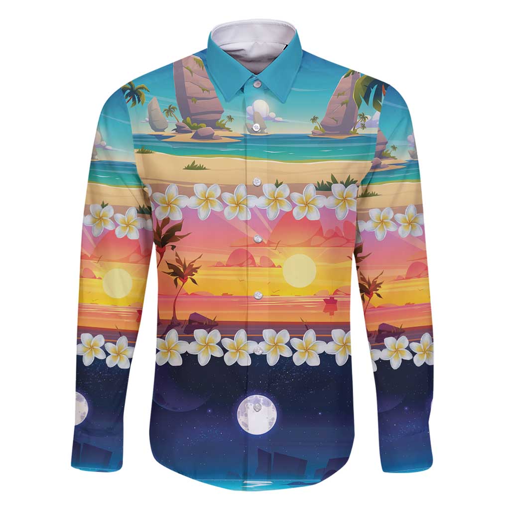 Hawaii Beach Landscape Time-Lapse Family Matching Mermaid Dress and Hawaiian Shirt Tropical Plumeria Flowers LT01 Dad's Shirt - Long Sleeve Multicolor - Polynesian Pride