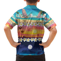 Hawaii Beach Landscape Time-Lapse Family Matching Off The Shoulder Long Sleeve Dress and Hawaiian Shirt Tropical Plumeria Flowers LT01 - Polynesian Pride
