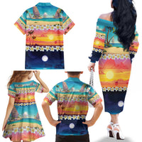 Hawaii Beach Landscape Time-Lapse Family Matching Off The Shoulder Long Sleeve Dress and Hawaiian Shirt Tropical Plumeria Flowers LT01 - Polynesian Pride