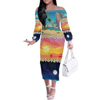 Hawaii Beach Landscape Time-Lapse Family Matching Off The Shoulder Long Sleeve Dress and Hawaiian Shirt Tropical Plumeria Flowers LT01 Mom's Dress Multicolor - Polynesian Pride