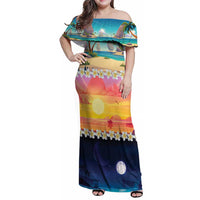 Hawaii Beach Landscape Time-Lapse Family Matching Off Shoulder Maxi Dress and Hawaiian Shirt Tropical Plumeria Flowers LT01 Mom's Dress Multicolor - Polynesian Pride