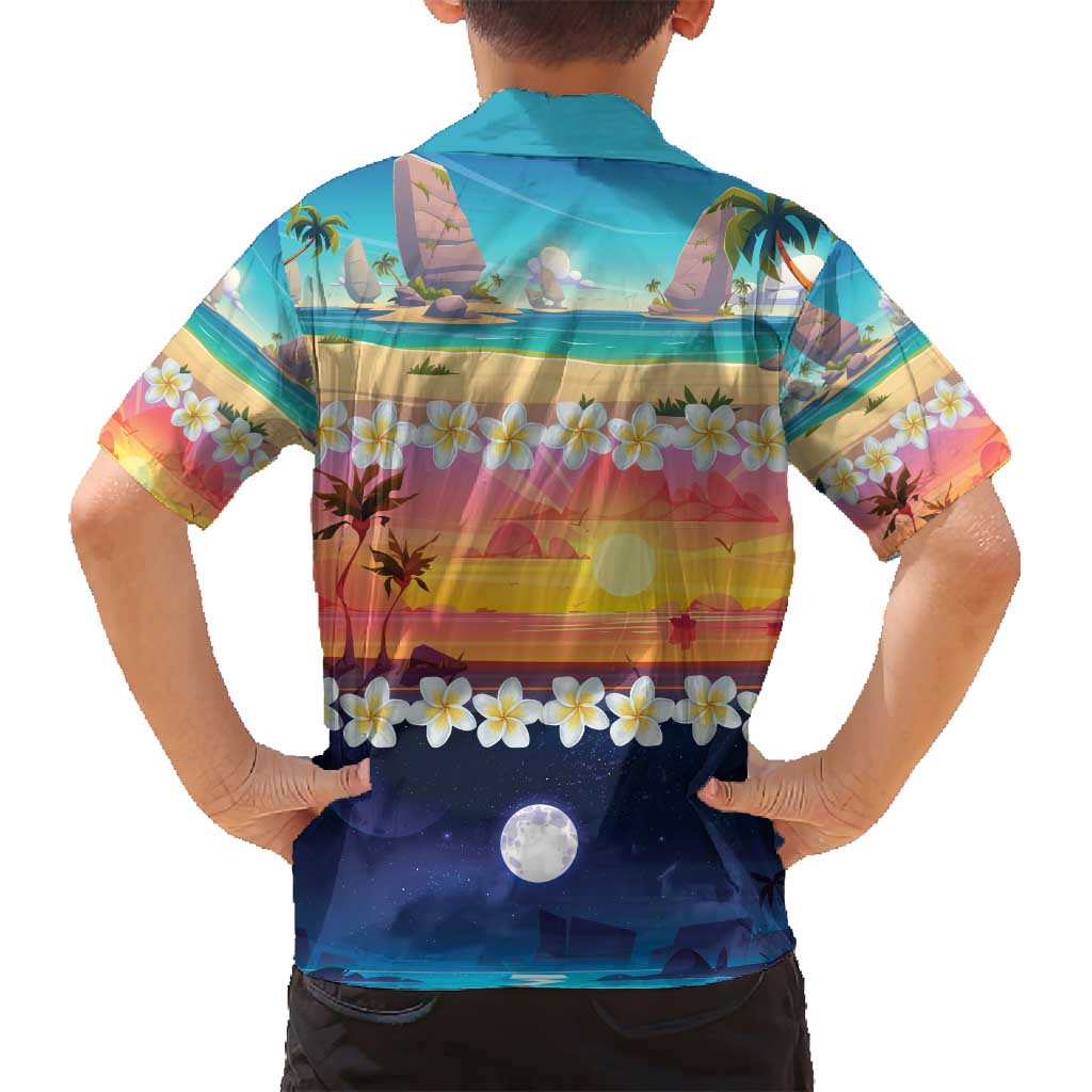 Hawaii Beach Landscape Time-Lapse Family Matching Off Shoulder Short Dress and Hawaiian Shirt Tropical Plumeria Flowers LT01 - Polynesian Pride