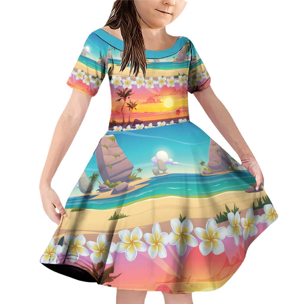 Hawaii Beach Landscape Time-Lapse Family Matching Off Shoulder Short Dress and Hawaiian Shirt Tropical Plumeria Flowers LT01 Daughter's Dress Multicolor - Polynesian Pride
