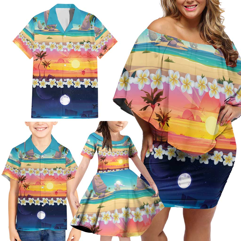Hawaii Beach Landscape Time-Lapse Family Matching Off Shoulder Short Dress and Hawaiian Shirt Tropical Plumeria Flowers LT01 - Polynesian Pride