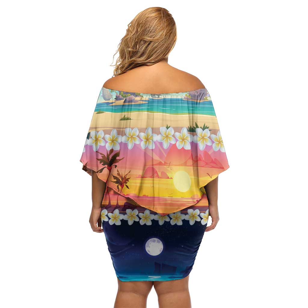 Hawaii Beach Landscape Time-Lapse Family Matching Off Shoulder Short Dress and Hawaiian Shirt Tropical Plumeria Flowers LT01 - Polynesian Pride
