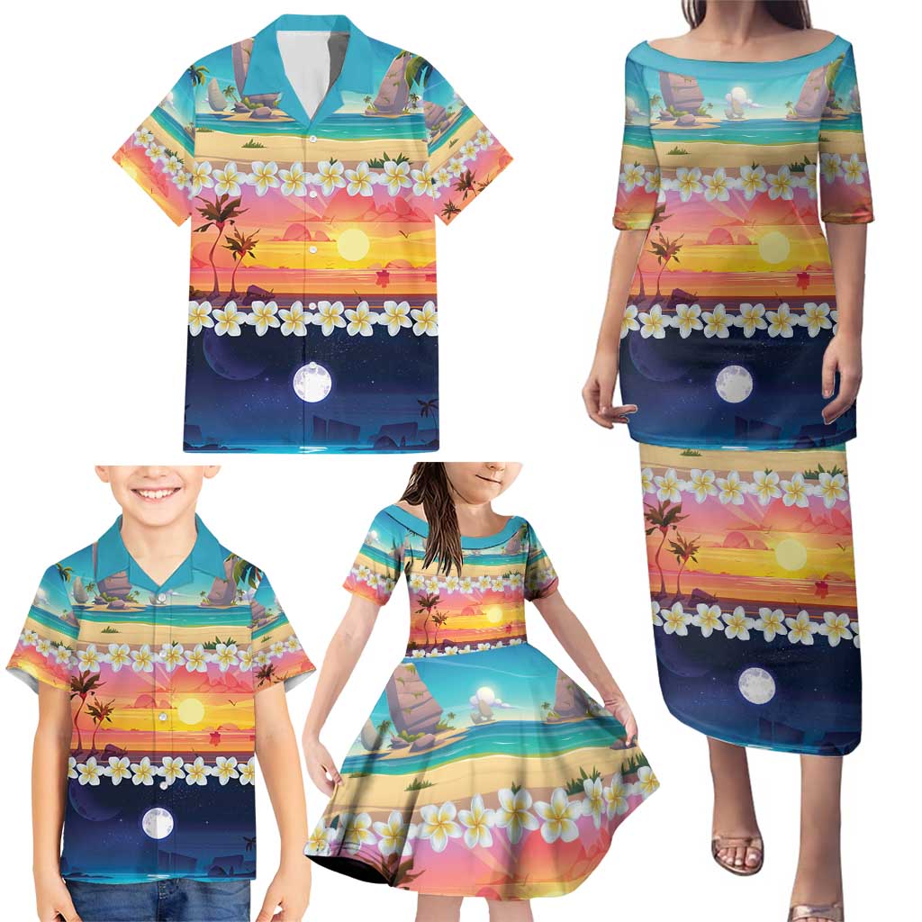Hawaii Beach Landscape Time-Lapse Family Matching Puletasi and Hawaiian Shirt Tropical Plumeria Flowers LT01 - Polynesian Pride