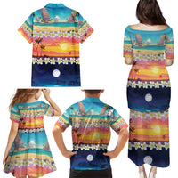 Hawaii Beach Landscape Time-Lapse Family Matching Puletasi and Hawaiian Shirt Tropical Plumeria Flowers LT01 - Polynesian Pride