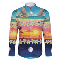 Hawaii Beach Landscape Time-Lapse Family Matching Puletasi and Hawaiian Shirt Tropical Plumeria Flowers LT01 Dad's Shirt - Long Sleeve Multicolor - Polynesian Pride
