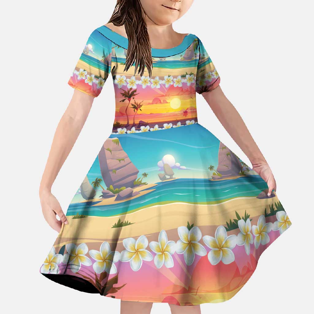 Hawaii Beach Landscape Time-Lapse Family Matching Short Sleeve Bodycon Dress and Hawaiian Shirt Tropical Plumeria Flowers LT01 Daughter's Dress Multicolor - Polynesian Pride