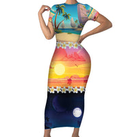 Hawaii Beach Landscape Time-Lapse Family Matching Short Sleeve Bodycon Dress and Hawaiian Shirt Tropical Plumeria Flowers LT01 Mom's Dress Multicolor - Polynesian Pride