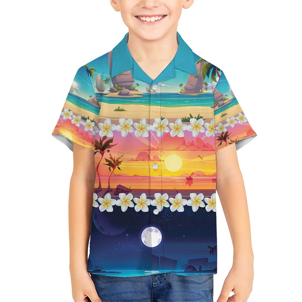 Hawaii Beach Landscape Time-Lapse Family Matching Short Sleeve Bodycon Dress and Hawaiian Shirt Tropical Plumeria Flowers LT01 Son's Shirt Multicolor - Polynesian Pride