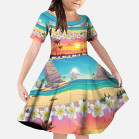 Hawaii Beach Landscape Time-Lapse Family Matching Summer Maxi Dress and Hawaiian Shirt Tropical Plumeria Flowers LT01 Daughter's Dress Multicolor - Polynesian Pride