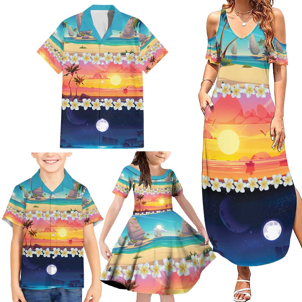 Hawaii Beach Landscape Time-Lapse Family Matching Summer Maxi Dress and Hawaiian Shirt Tropical Plumeria Flowers LT01 - Polynesian Pride