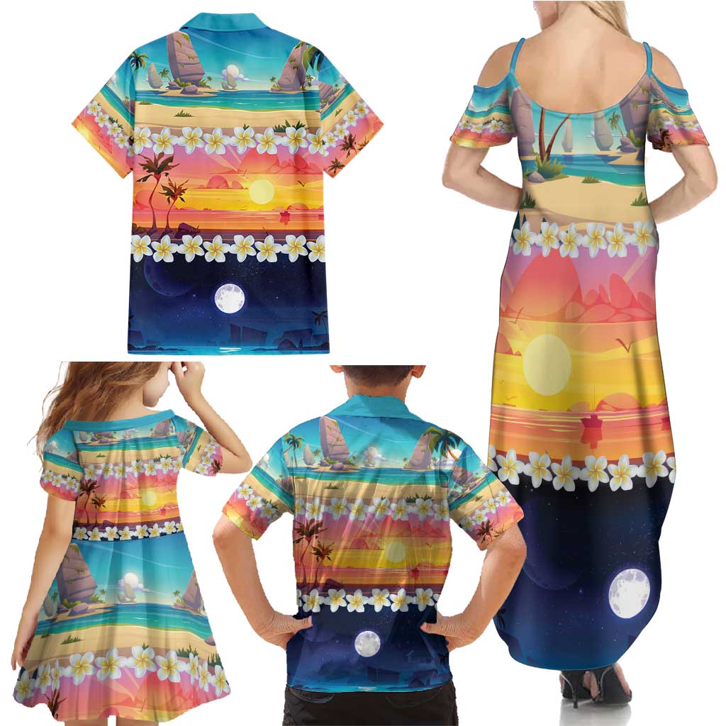 Hawaii Beach Landscape Time-Lapse Family Matching Summer Maxi Dress and Hawaiian Shirt Tropical Plumeria Flowers LT01 - Polynesian Pride