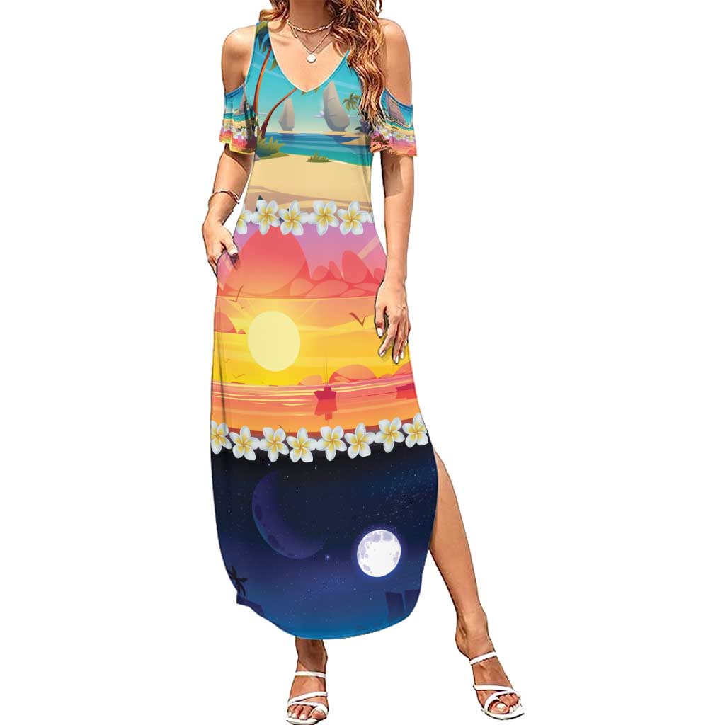 Hawaii Beach Landscape Time-Lapse Family Matching Summer Maxi Dress and Hawaiian Shirt Tropical Plumeria Flowers LT01 Mom's Dress Multicolor - Polynesian Pride