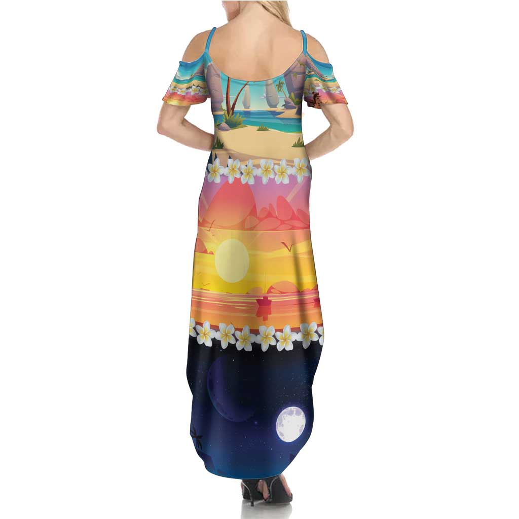 Hawaii Beach Landscape Time-Lapse Family Matching Summer Maxi Dress and Hawaiian Shirt Tropical Plumeria Flowers LT01 - Polynesian Pride