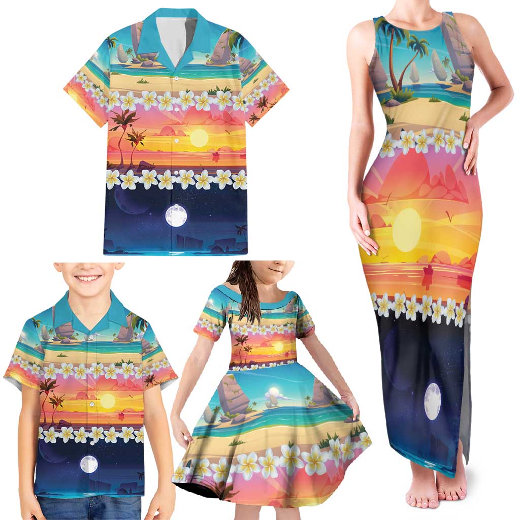 Hawaii Beach Landscape Time-Lapse Family Matching Tank Maxi Dress and Hawaiian Shirt Tropical Plumeria Flowers LT01 - Polynesian Pride