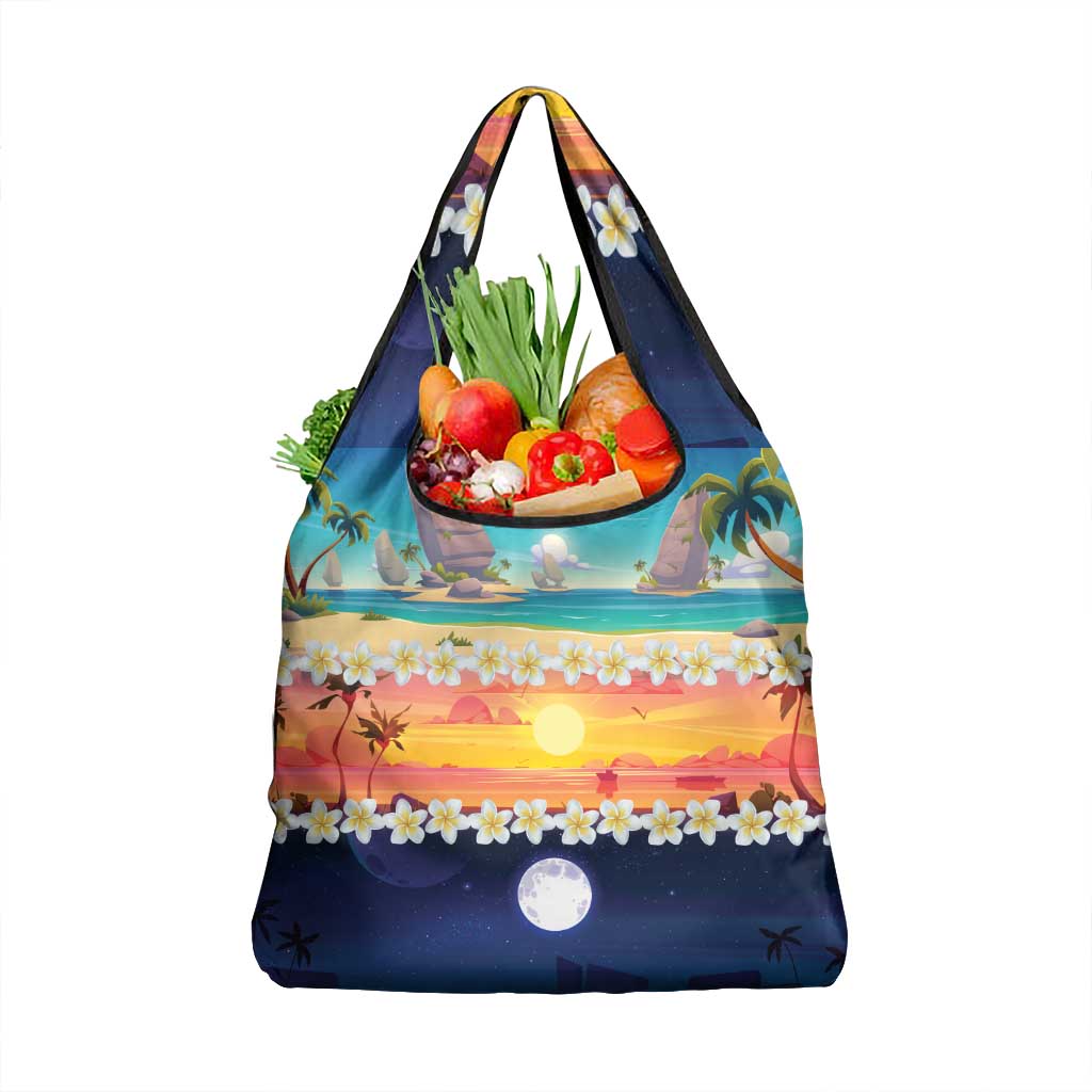 Hawaii Beach Landscape Time-Lapse Grocery Bag Tropical Plumeria Flowers - Polynesian Pride