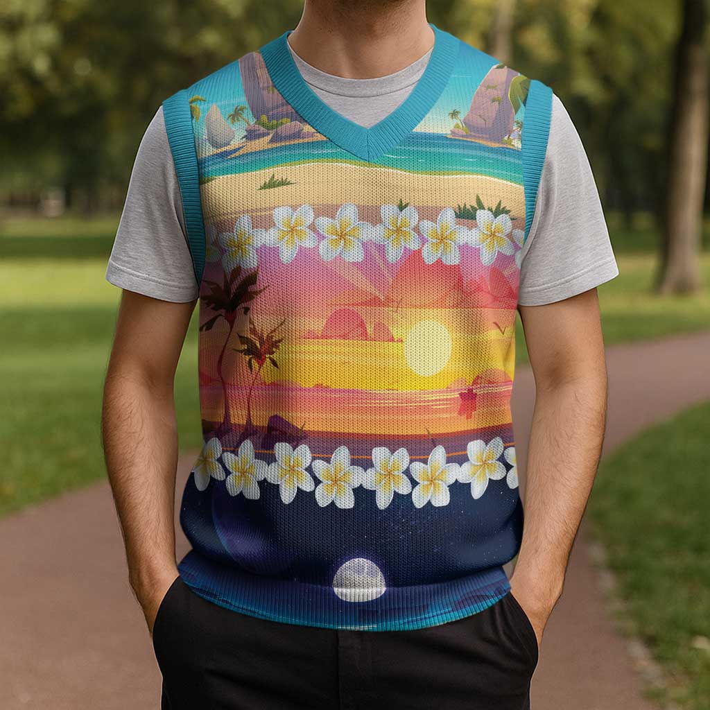 Hawaii Beach Landscape Time-Lapse Christmas Knitted V-Neck Vest Tropical Plumeria Flowers - Polynesian Pride