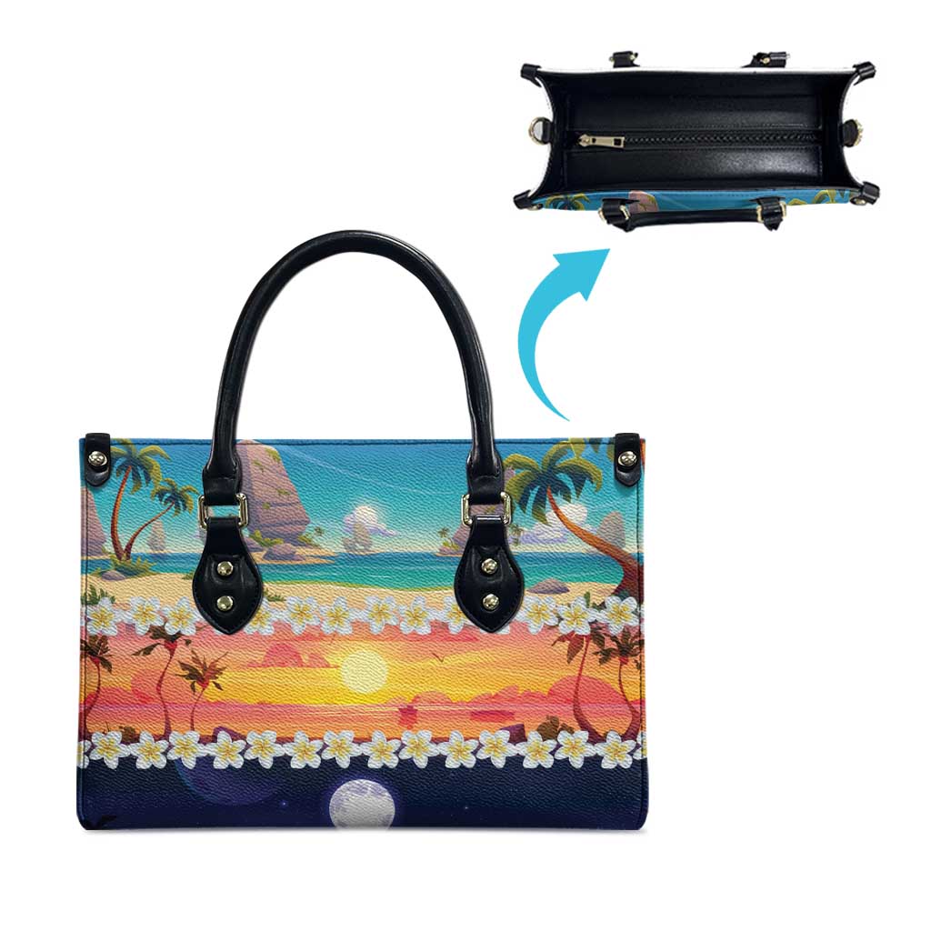 Hawaii Beach Landscape Time-Lapse Leather Bag Tropical Plumeria Flowers - Polynesian Pride