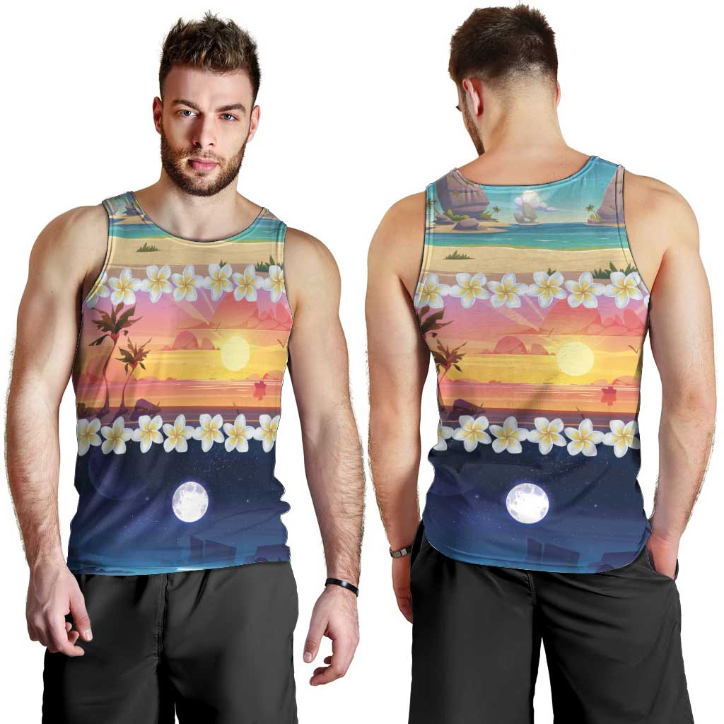 Hawaii Beach Landscape Time-Lapse Men Tank Top Tropical Plumeria Flowers - Polynesian Pride