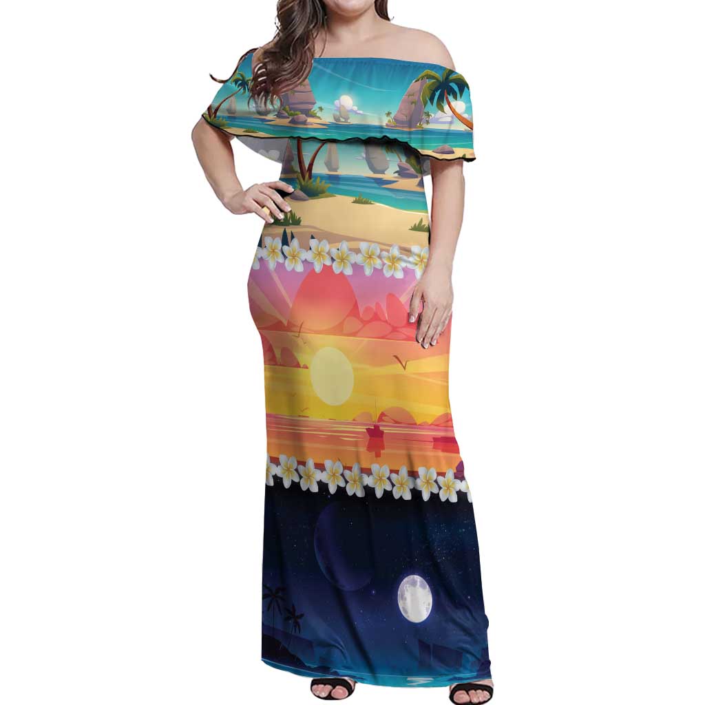 Hawaii Beach Landscape Time-Lapse Off Shoulder Maxi Dress Tropical Plumeria Flowers - Polynesian Pride