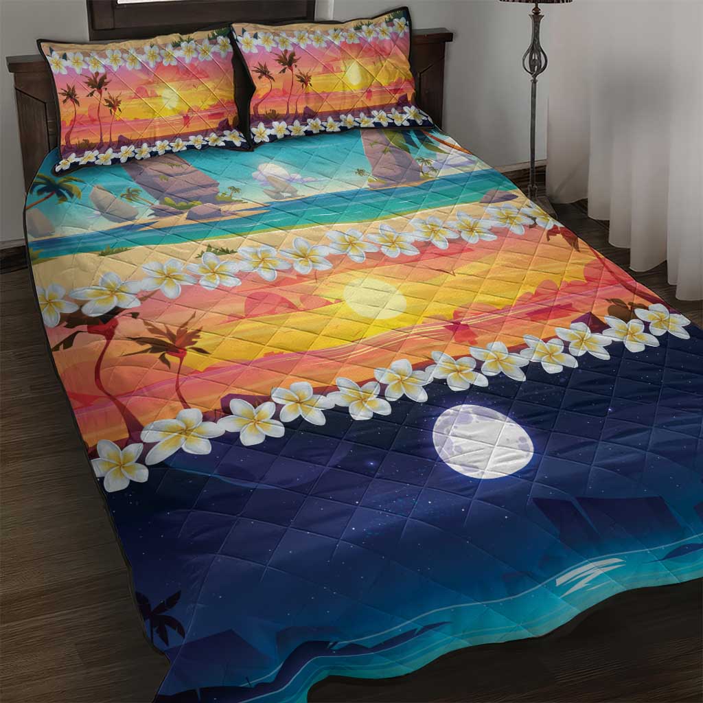 Hawaii Beach Landscape Time-Lapse Quilt Bed Set Tropical Plumeria Flowers - Polynesian Pride