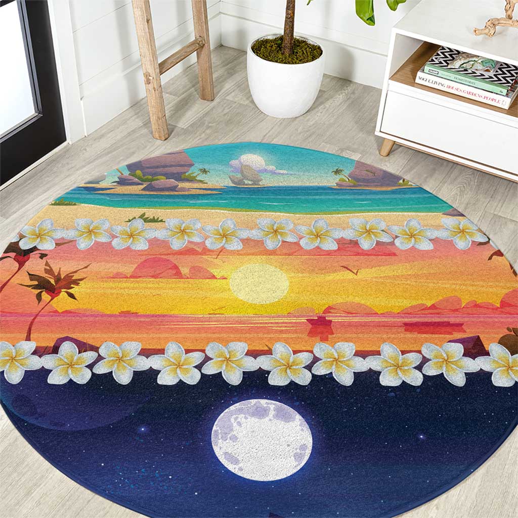 Hawaii Beach Landscape Time-Lapse Round Carpet Tropical Plumeria Flowers - Polynesian Pride