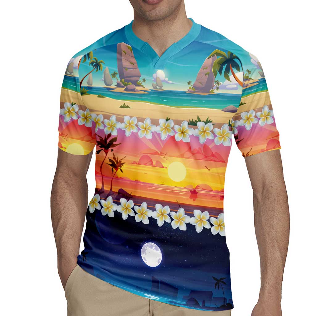 Hawaii Beach Landscape Time-Lapse Rugby Jersey Tropical Plumeria Flowers - Polynesian Pride
