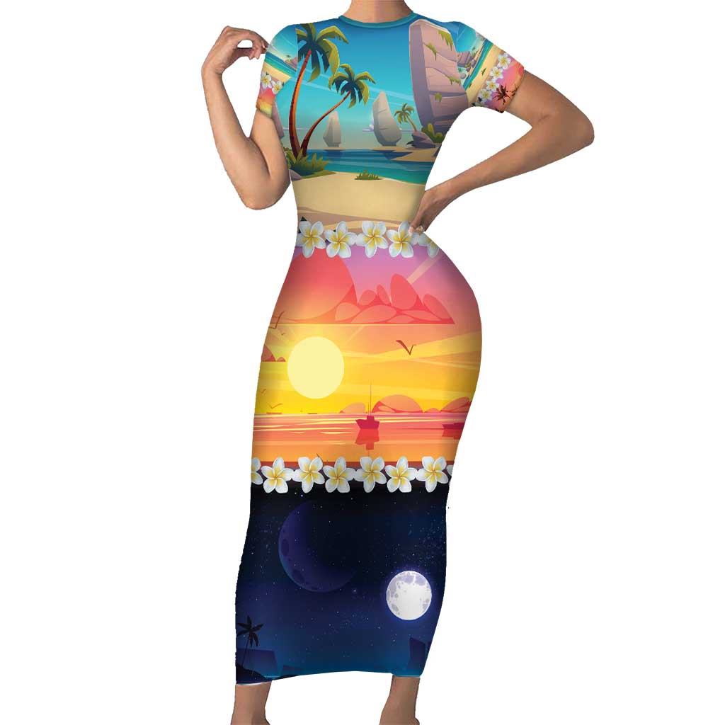 Hawaii Beach Landscape Time-Lapse Short Sleeve Bodycon Dress Tropical Plumeria Flowers - Polynesian Pride