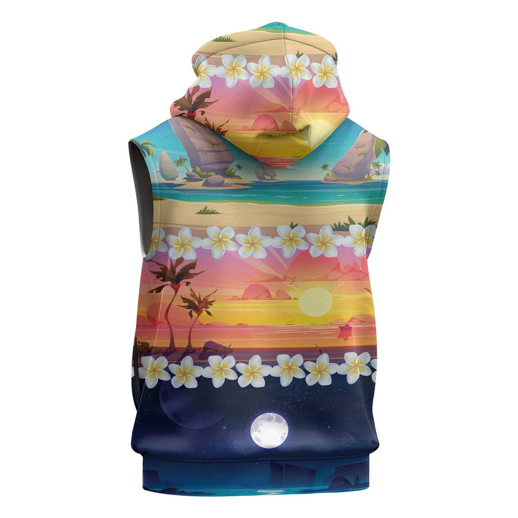 Hawaii Beach Landscape Time-Lapse Sleeveless Hoodie Tropical Plumeria Flowers - Polynesian Pride