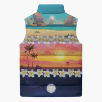 Hawaii Beach Landscape Time-Lapse Sleeveless Puffer Jacket Tropical Plumeria Flowers - Polynesian Pride