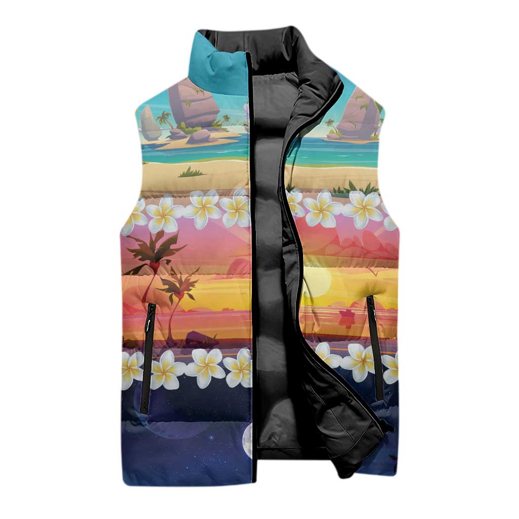 Hawaii Beach Landscape Time-Lapse Sleeveless Puffer Jacket Tropical Plumeria Flowers - Polynesian Pride