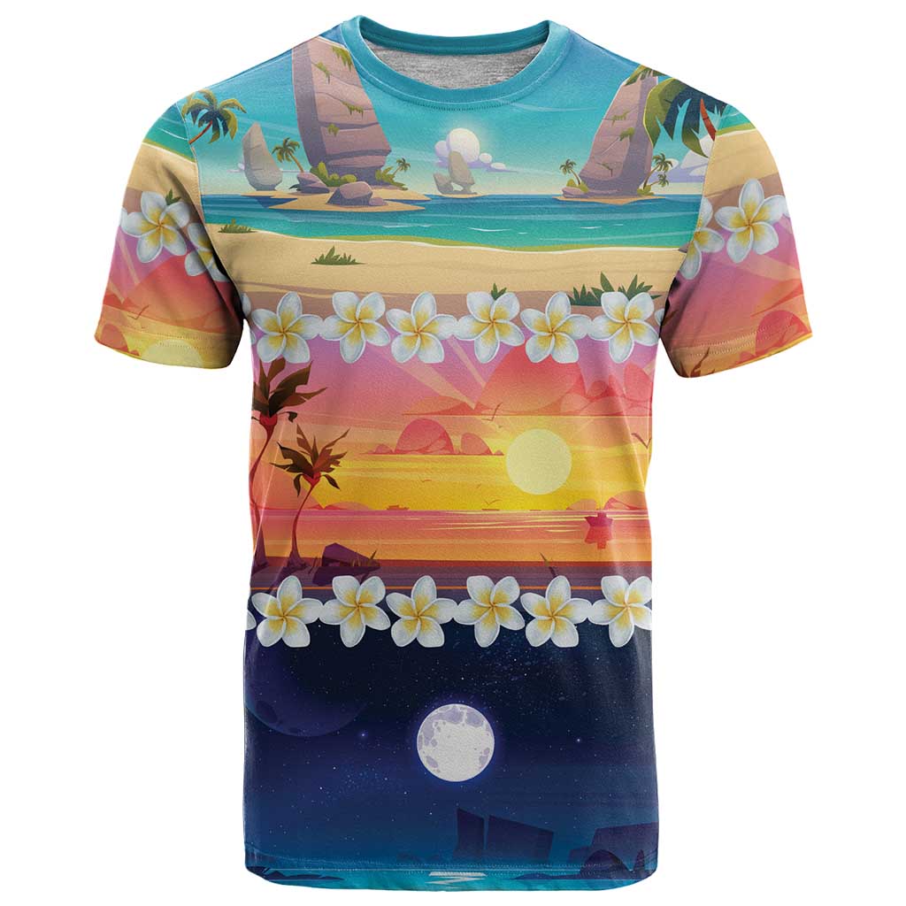Hawaii Beach Landscape Time-Lapse T Shirt Tropical Plumeria Flowers - Polynesian Pride