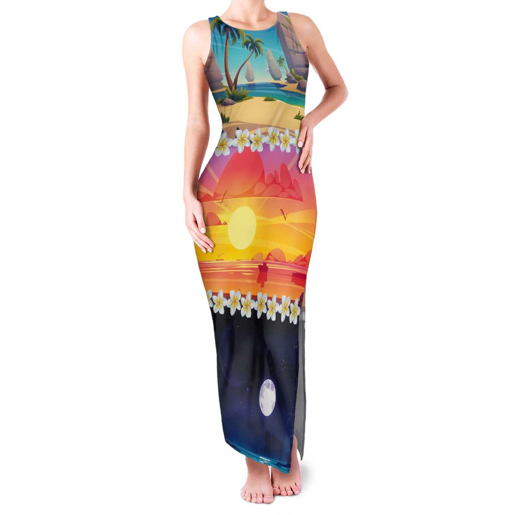 Hawaii Beach Landscape Time-Lapse Tank Maxi Dress Tropical Plumeria Flowers - Polynesian Pride